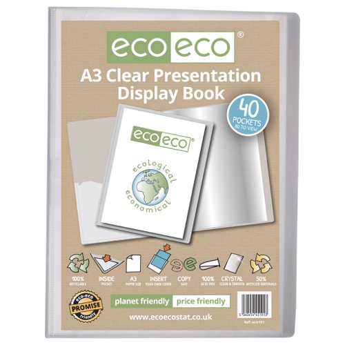 ECO101-S | Strong clear 700 micron cover display book with clear 160 micron A3 size sleeve on front cover for personalisation and presentation.  Clear additional storage pocket featured inside of front cover to house loose items and documents.  A total of 40 pages (80 sides to view) securely bound for optimum and multi-purpose filing.  50 micron pages are acid free, smooth, glass clear and copy safe.  These pages securely hold A3 documents.  Responsibly sourced materials and responsibly produced.  Made from 50% recycled materials, product and packaging both 100% recyclable.  