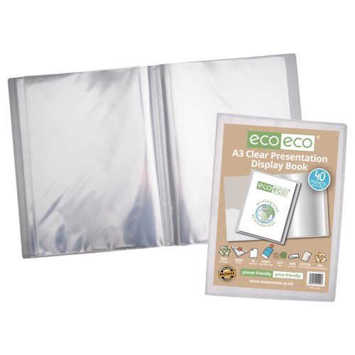 ECO101-S | Strong clear 700 micron cover display book with clear 160 micron A3 size sleeve on front cover for personalisation and presentation.  Clear additional storage pocket featured inside of front cover to house loose items and documents.  A total of 40 pages (80 sides to view) securely bound for optimum and multi-purpose filing.  50 micron pages are acid free, smooth, glass clear and copy safe.  These pages securely hold A3 documents.  Responsibly sourced materials and responsibly produced.  Made from 50% recycled materials, product and packaging both 100% recyclable.  