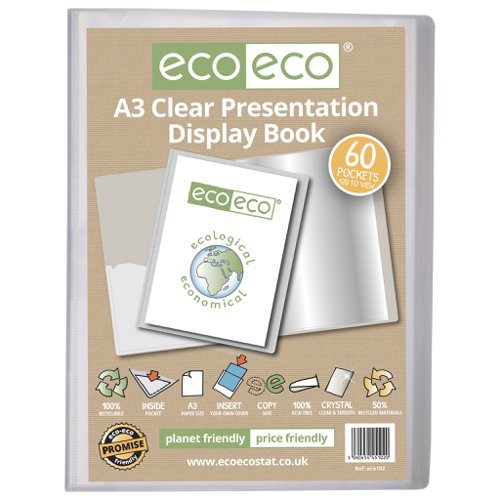 ECO102-S | Strong clear 700 micron cover display book with clear 160 micron A3 size sleeve on front cover for personalisation and presentation.  Clear additional storage pocket featured inside of front cover to house loose items and documents.  A total of 60 pages (120 sides to view) securely bound for optimum and multi-purpose filing.  50 micron pages are acid free, smooth, glass clear and copy safe.  These pages securely hold A3 documents.  Responsibly sourced materials and responsibly produced.  Made from 50% recycled materials, product and packaging both 100% recyclable.  