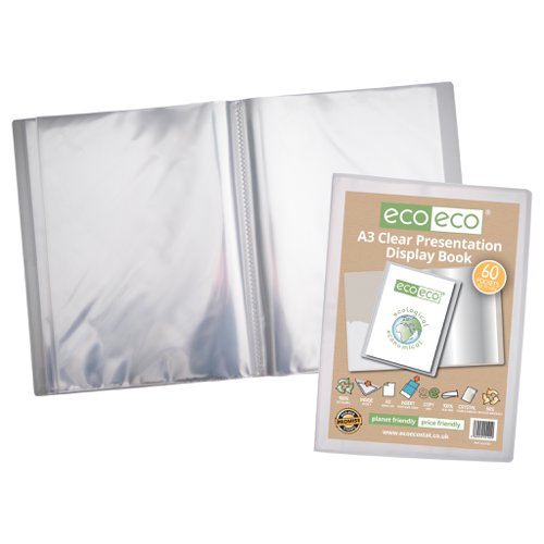 ECO102-S | Strong clear 700 micron cover display book with clear 160 micron A3 size sleeve on front cover for personalisation and presentation.  Clear additional storage pocket featured inside of front cover to house loose items and documents.  A total of 60 pages (120 sides to view) securely bound for optimum and multi-purpose filing.  50 micron pages are acid free, smooth, glass clear and copy safe.  These pages securely hold A3 documents.  Responsibly sourced materials and responsibly produced.  Made from 50% recycled materials, product and packaging both 100% recyclable.  