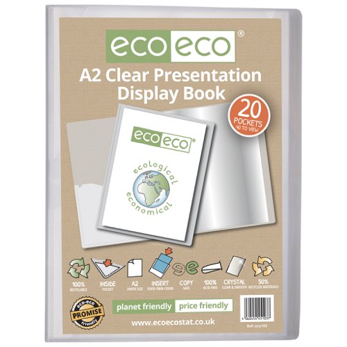 ECO103-S | Strong clear 1000 micron cover display book with clear 160 micron A2 size sleeve on front cover for personalisation and presentation.  Clear additional storage pocket featured inside of front cover to house loose items and documents.  A total of 20 pages (40 sides to view) securely bound for optimum and multi-purpose filing.  50 micron pages are acid free, smooth, glass clear and copy safe.  These pages securely hold A2 documents.  Responsibly sourced materials and responsibly produced.  Made from 50% recycled materials, product and packaging both 100% recyclable.  