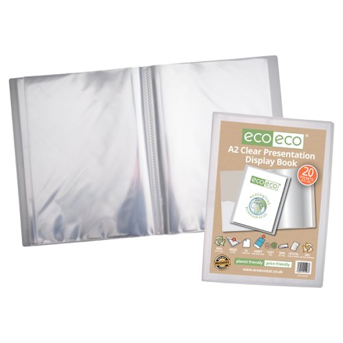 ECO103-S | Strong clear 1000 micron cover display book with clear 160 micron A2 size sleeve on front cover for personalisation and presentation.  Clear additional storage pocket featured inside of front cover to house loose items and documents.  A total of 20 pages (40 sides to view) securely bound for optimum and multi-purpose filing.  50 micron pages are acid free, smooth, glass clear and copy safe.  These pages securely hold A2 documents.  Responsibly sourced materials and responsibly produced.  Made from 50% recycled materials, product and packaging both 100% recyclable.  
