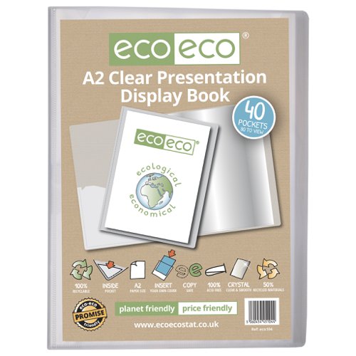 ECO104-S | Strong clear 1000 micron cover display book with clear 160 micron A2 size sleeve on front cover for personalisation and presentation.  Clear additional storage pocket featured inside of front cover to house loose items and documents.  A total of 40 pages (80 sides to view) securely bound for optimum and multi-purpose filing.  50 micron pages are acid free, smooth, glass clear and copy safe.  These pages securely hold A2 documents.  Responsibly sourced materials and responsibly produced.  Made from 50% recycled materials, product and packaging both 100% recyclable.  