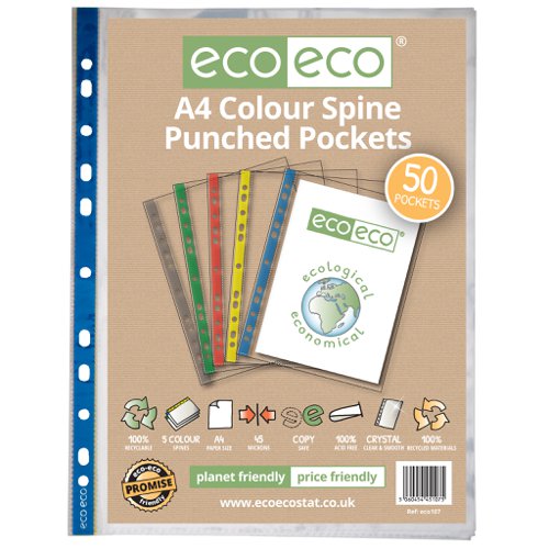 A4 100% Recycled Bag 50 Colour Spine Multi Punched Pockets