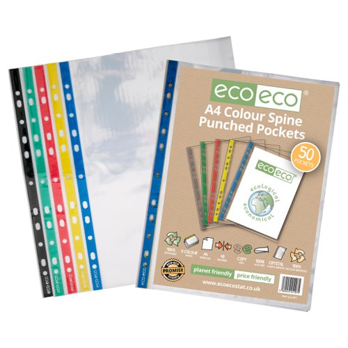 A4 100% Recycled Bag 50 Colour Spine Multi Punched Pockets (Pack of 10)