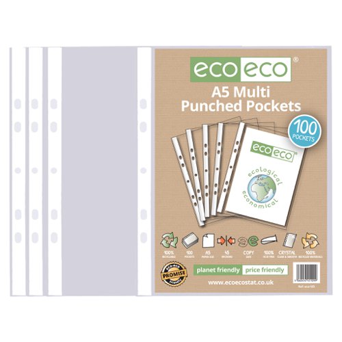 A5 100% Recycled Bag 100 Multi Punched Pockets (Pack of 10)