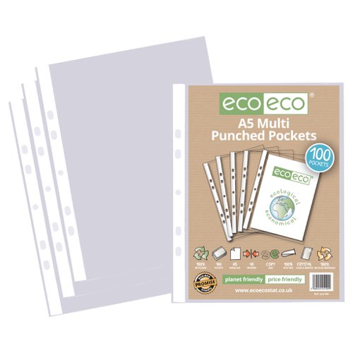 ECO109-S | Strong 45 micron strength wallets, ideal for home, office and professional use.  These pockets securely hold A5 documents. 100 pockets per single pack.  Glass clear visibility with smooth finish.  Multi-punched spine for universal filing.  Acid free and copy safe.  Responsibly sourced materials and responsibly produced.  Made from 100% recycled materials, product and packaging both 100% recyclable.  