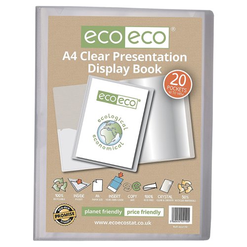 ECO110-S | Strong clear 600 micron cover display book with clear 160 micron A4 size sleeve on front cover for personalisation and presentation.  Clear additional storage pocket featured inside of front cover to house loose items and documents.  A total of 20 pages (40 sides to view) securely bound for optimum and multi-purpose filing.  50 micron pages are acid free, smooth, glass clear and copy safe.  These pages securely hold A4 documents.  Responsibly sourced materials and responsibly produced.  Made from 50% recycled materials, product and packaging both 100% recyclable.  