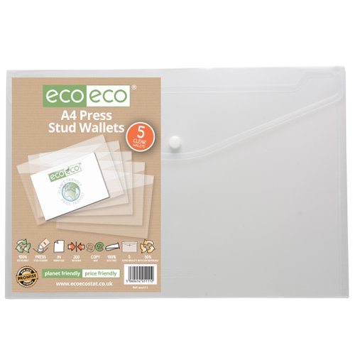 Pack 5 A4 50% Recycled Clear Press Stud Wallets (1) Document Wallets ECO111-S