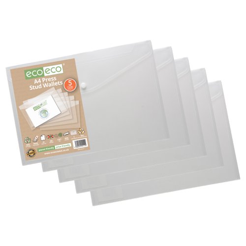 Pack 5 A4 50% Recycled Clear Press Stud Wallets (Pack of 5)