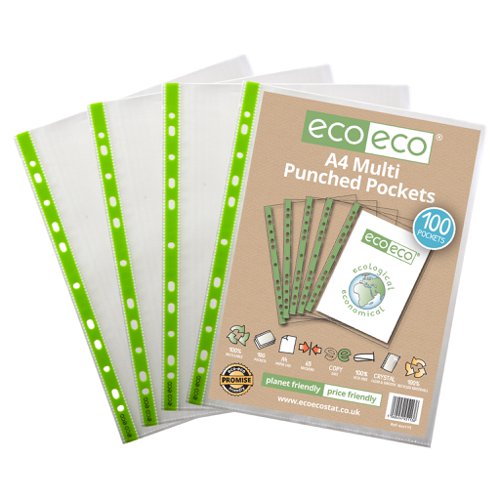 ECO113-S | Strong 65 micron strength wallets, ideal for home, office and professional use.  These pockets securely hold A4 documents. 100 pockets per single pack.  Glass clear visibility with smooth finish and superior strength.  Reinforced (green) multi-punched spine for universal filing.  Acid free and copy safe.  Responsibly sourced materials and responsibly produced.  Made from 100% recycled materials, product and packaging both 100% recyclable.  