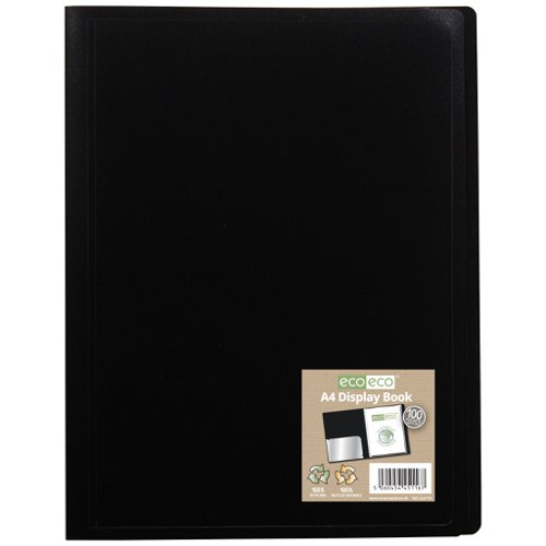 ECO116-S | Strong and flexible black 400 micron cover display book, ideal for home, office and professional use.  Clear additional storage pocket featured inside of front cover to house loose items and documents.  A total of 100 pages (200 sides to view) securely bound for optimum and multi-purpose filing.  40 micron pages are acid free, smooth, glass clear and copy safe.  These pages securely hold A4 documents.  Responsibly sourced materials and responsibly produced.  Made from 100% recycled materials, product and packaging both 100% recyclable.  