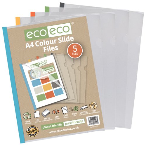 ECO117-S | Strong clear 200 micron cover A4 files, perfect for projects and reports, ideal for home, office and professional use.  Each file securely hold up to 30 sheets of unpunched A4 paper (80gsm) with their easy slide coloured bars.  5 files per single pack.   Responsibly sourced materials and responsibly produced.  Made from 50% recycled materials, product and packaging both 100% recyclable.  