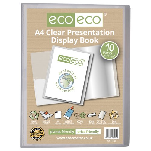 ECO125-S | Strong clear 600 micron cover display book with clear 160 micron A4 size sleeve on front cover for personalisation and presentation.  Clear additional storage pocket featured inside of front cover to house loose items and documents.  A total of 10 pages (20 sides to view) securely bound for optimum and multi-purpose filing.  50 micron pages are acid free, smooth, glass clear and copy safe.  These pages securely hold A4 documents.  Responsibly sourced materials and responsibly produced.  Made from 50% recycled materials, product and packaging both 100% recyclable.  