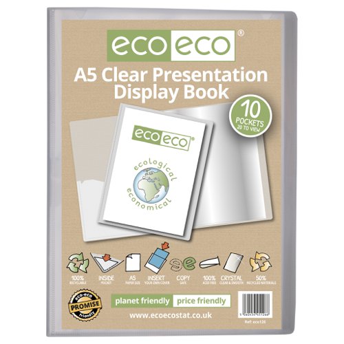 ECO126-S | Strong clear 600 micron cover display book with clear 160 micron A5 size sleeve on front cover for personalisation and presentation.  Clear additional storage pocket featured inside of front cover to house loose items and documents.  A total of 10 pages (20 sides to view) securely bound for optimum and multi-purpose filing.  50 micron pages are acid free, smooth, glass clear and copy safe.  These pages securely hold A4 documents.  Responsibly sourced materials and responsibly produced.  Made from 50% recycled materials, product and packaging both 100% recyclable.  