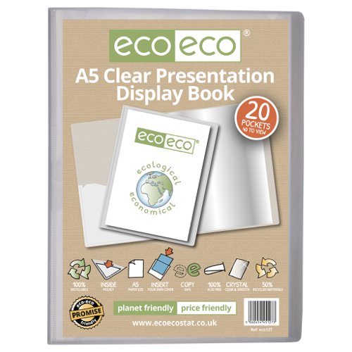 ECO127-S | Strong clear 600 micron cover display book with clear 160 micron A5 size sleeve on front cover for personalisation and presentation.  Clear additional storage pocket featured inside of front cover to house loose items and documents.  A total of 20 pages (40 sides to view) securely bound for optimum and multi-purpose filing.  50 micron pages are acid free, smooth, glass clear and copy safe.  These pages securely hold A4 documents.  Responsibly sourced materials and responsibly produced.  Made from 50% recycled materials, product and packaging both 100% recyclable.  