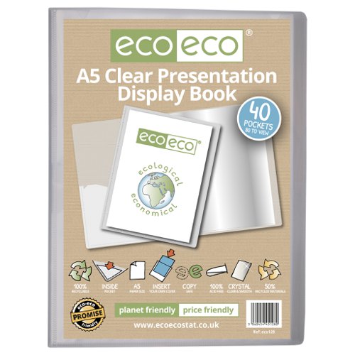 ECO128-S | Strong clear 600 micron cover display book with clear 160 micron A5 size sleeve on front cover for personalisation and presentation.  Clear additional storage pocket featured inside of front cover to house loose items and documents.  A total of 40 pages (80 sides to view) securely bound for optimum and multi-purpose filing.  50 micron pages are acid free, smooth, glass clear and copy safe.  These pages securely hold A4 documents.  Responsibly sourced materials and responsibly produced.  Made from 50% recycled materials, product and packaging both 100% recyclable.  