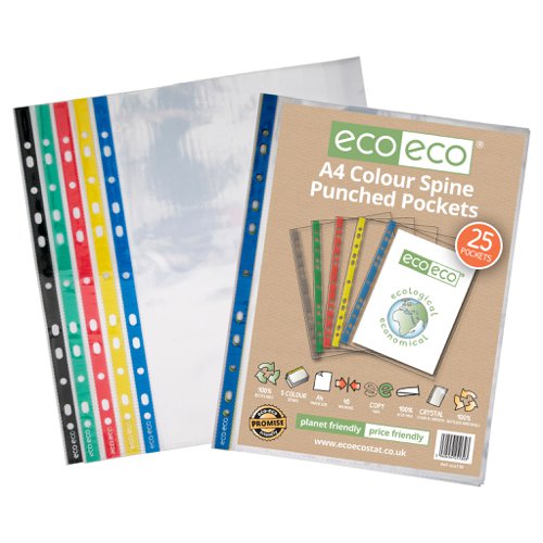 ECO130-S | Strong 45 micron strength wallets with coloured spines, ideal for home, office and professional use.  These pockets securely hold A4 documents. 50 pockets per single pack.  Glass clear visibility with smooth finish.  Coloured multi-punched spine for universal filing.  Acid free and copy safe.  Responsibly sourced materials and responsibly produced.  Made from 100% recycled materials, product and packaging both 100% recyclable.
