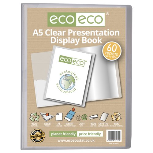 ECO131-S | Strong clear 600 micron cover display book with clear 160 micron A5 size sleeve on front cover for personalisation and presentation.  Clear additional storage pocket featured inside of front cover to house loose items and documents.  A total of 60 pages (120 sides to view) securely bound for optimum and multi-purpose filing.  50 micron pages are acid free, smooth, glass clear and copy safe.  These pages securely hold A4 documents.  Responsibly sourced materials and responsibly produced.  Made from 50% recycled materials, product and packaging both 100% recyclable.  