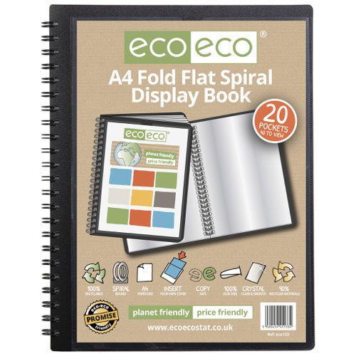 A4 50% recycled 20 pocket Fold Flat Spiral display book (1) Display Books ECO133-S