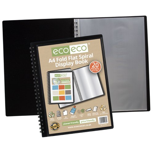 ECO133-S | Strong black 800 micron cover fold flat spiral display book with clear 150 micron A4 size sleeve on front cover for personalisation and presentation.  Clear additional storage pocket featured inside of front cover to house loose items and documents.  A total of 20 pages (40 sides to view) securely bound for optimum and multi-purpose filing.  50 micron pages are acid free, smooth, glass clear and copy safe.  These pages securely hold A4 documents.  Responsibly sourced materials and responsibly produced.  Made from 90% recycled materials, product and packaging both 100% recyclable.  