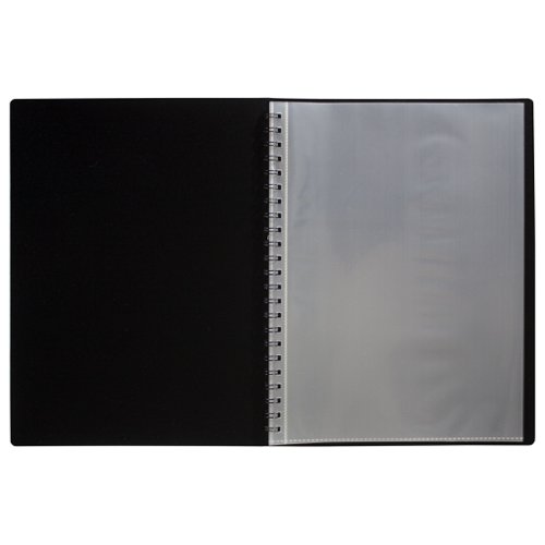 ECO133-S | Strong black 800 micron cover fold flat spiral display book with clear 150 micron A4 size sleeve on front cover for personalisation and presentation.  Clear additional storage pocket featured inside of front cover to house loose items and documents.  A total of 20 pages (40 sides to view) securely bound for optimum and multi-purpose filing.  50 micron pages are acid free, smooth, glass clear and copy safe.  These pages securely hold A4 documents.  Responsibly sourced materials and responsibly produced.  Made from 90% recycled materials, product and packaging both 100% recyclable.  