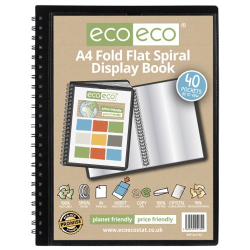 ECO134-S | Strong black 800 micron cover fold flat spiral display book with clear 150 micron A4 size sleeve on front cover for personalisation and presentation.  Clear additional storage pocket featured inside of front cover to house loose items and documents.  A total of 40 pages (80 sides to view) securely bound for optimum and multi-purpose filing.  50 micron pages are acid free, smooth, glass clear and copy safe.  These pages securely hold A4 documents.  Responsibly sourced materials and responsibly produced.  Made from 90% recycled materials, product and packaging both 100% recyclable.  
