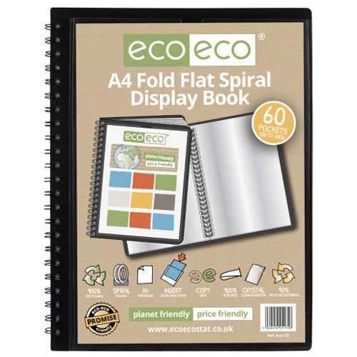 ECO135-S | Strong black 800 micron cover fold flat spiral display book with clear 150 micron A4 size sleeve on front cover for personalisation and presentation.  Clear additional storage pocket featured inside of front cover to house loose items and documents.  A total of 60 pages (120 sides to view) securely bound for optimum and multi-purpose filing.  50 micron pages are acid free, smooth, glass clear and copy safe.  These pages securely hold A4 documents.  Responsibly sourced materials and responsibly produced.  Made from 90% recycled materials, product and packaging both 100% recyclable.  