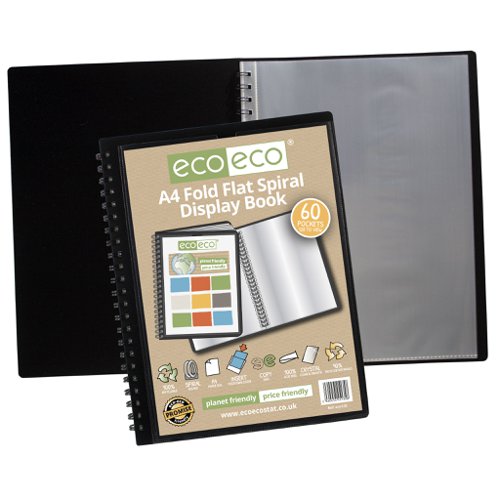 ECO135-S | Strong black 800 micron cover fold flat spiral display book with clear 150 micron A4 size sleeve on front cover for personalisation and presentation.  Clear additional storage pocket featured inside of front cover to house loose items and documents.  A total of 60 pages (120 sides to view) securely bound for optimum and multi-purpose filing.  50 micron pages are acid free, smooth, glass clear and copy safe.  These pages securely hold A4 documents.  Responsibly sourced materials and responsibly produced.  Made from 90% recycled materials, product and packaging both 100% recyclable.  