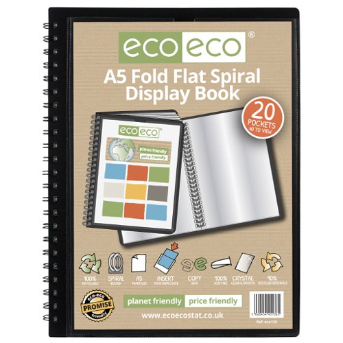ECO136-S | Strong black 800 micron cover fold flat spiral display book with clear 150 micron A5 size sleeve on front cover for personalisation and presentation.  Clear additional storage pocket featured inside of front cover to house loose items and documents.  A total of 20 pages (40 sides to view) securely bound for optimum and multi-purpose filing.  50 micron pages are acid free, smooth, glass clear and copy safe.  These pages securely hold A5 documents.  Responsibly sourced materials and responsibly produced.  Made from 90% recycled materials, product and packaging both 100% recyclable.  