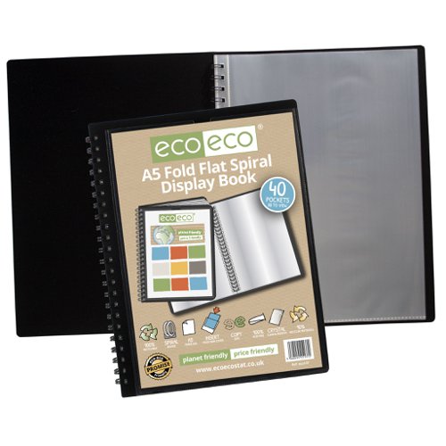ECO137-S | Strong black 800 micron cover fold flat spiral display book with clear 150 micron A5 size sleeve on front cover for personalisation and presentation.  Clear additional storage pocket featured inside of front cover to house loose items and documents.  A total of 40 pages (80 sides to view) securely bound for optimum and multi-purpose filing.  50 micron pages are acid free, smooth, glass clear and copy safe.  These pages securely hold A5 documents.  Responsibly sourced materials and responsibly produced.  Made from 90% recycled materials, product and packaging both 100% recyclable.  