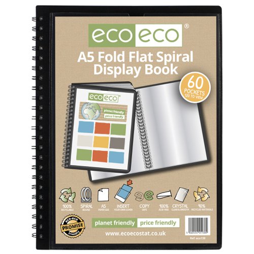 ECO138-S | Strong black 800 micron cover fold flat spiral display book with clear 150 micron A5 size sleeve on front cover for personalisation and presentation.  Clear additional storage pocket featured inside of front cover to house loose items and documents.  A total of 60 pages (120 sides to view) securely bound for optimum and multi-purpose filing.  50 micron pages are acid free, smooth, glass clear and copy safe.  These pages securely hold A5 documents.  Responsibly sourced materials and responsibly produced.  Made from 90% recycled materials, product and packaging both 100% recyclable.  