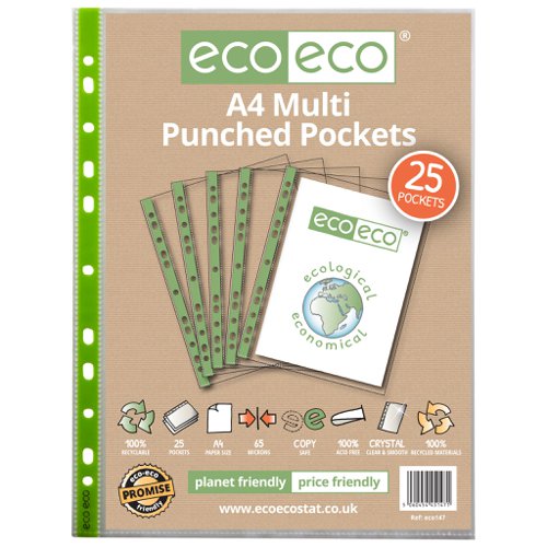 A4 100% Recycled Bag 25 65 Micron Multi Punched Pockets (1)