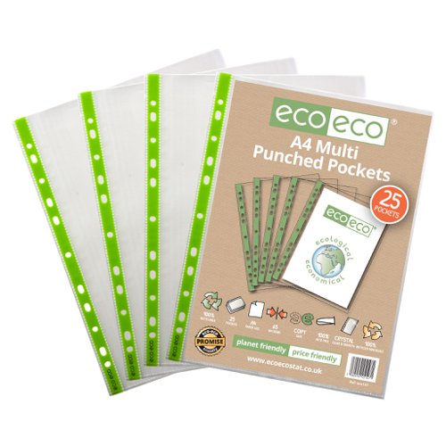A4 100% Recycled Bag 25 65 Micron Multi Punched Pockets (1) Punched Pockets ECO147-S