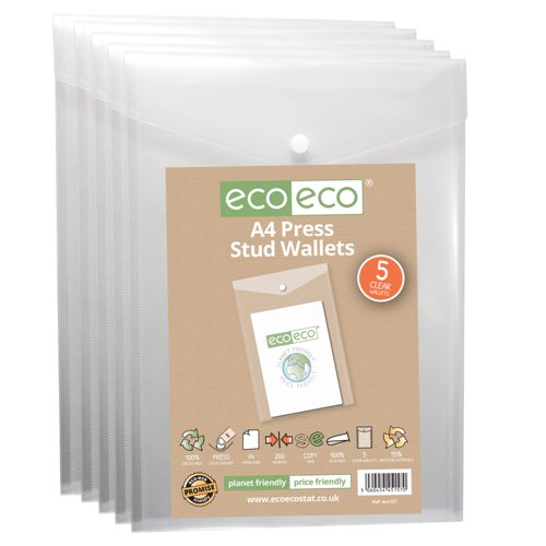 Pack 5 A4 95% Recycled Clear Portrait Press Stud Wallets