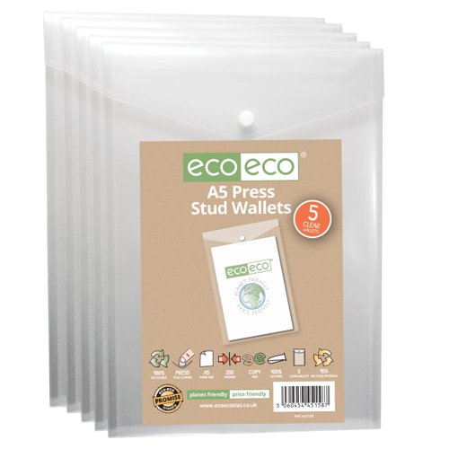 Pack 5 A5 95% Recycled Clear Portrait Press Stud Wallets