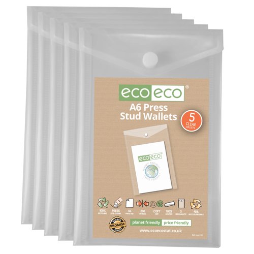 Pack 5 A6 95% Recycled Clear Portrait Press Stud Wallets