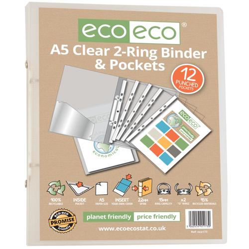 A5 65% Recycled Clear 2-Ring Binder with 12 Punched Pockets