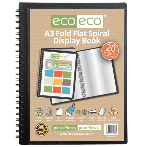 A3 90% Recycled 20 Pocket Fold Flat Spiral Display Book