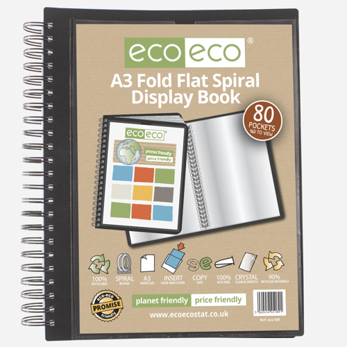 A3 90% Recycled 80 Pocket Fold Flat Spiral Display Book