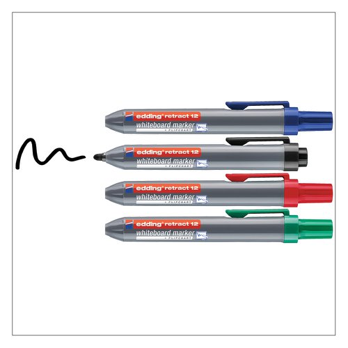 edding 12 Whiteboard Marker Retractable Bullet Tip 1.5-3mm Black Blue Red Green (Pack 4) - 4-12-4 Drywipe Markers 15469ED