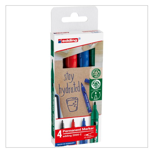 edding 2000C Permanent Marker Bullet Tip 1.5-3.0mm Line width Assorted Colours in Cardboard Packaging (Pack of 4) - 4-2000-4-2