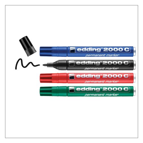 40713ED | When it comes to labelling, markings and clear, bold writing, the edding 2000 C permanent marker is the right choice. It can be used to make durable markings on almost any type of surface - from photos, plastic and leather through to wood, stone and metal. An invaluable helper for day-to-day tasks, it belongs in any kitchen, study or workshop - setting the ultimate standard for permanent markers. A classic among permanent markers, it features a robust, medium round nib and is ideal for organisational tasks as well as artistic creativity. Whether it's labelling preserving jars or hangers for a better-organised home, painting canvas shoes and flower pots in bright colours, or marking surfaces in a home workshop, the edding 2000 C makes a long-lasting impression. The sturdy outer body is manufactured from high-quality aluminium, resulting in a long lifespan,  refillable in the colours black, red, blue and green with edding MTK 25, edding T 25, edding T 100 and edding T 1000, refillable in the colours yellow, orange, brown, violet, pink and light-blue with edding T 25. The permanent marker is filled with vivid, low-odour ink which looks simply amazing and adheres to practically any surface. The cap can be repositioned on the end of the barrel; high quality branded product; proven Made in Germany quality established over several decades.