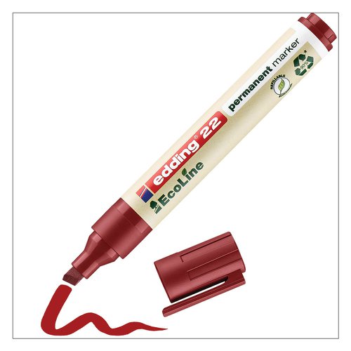 41308ED | When it comes to labelling, markings and clear, bold writing, the edding 22 EcoLine permanent marker is the right choice. It can be used to make durable markings on almost any type of surface - from photos, plastic and leather through to wood, stone and metal. An invaluable helper for day-to-day tasks, it belongs in any kitchen, study or workshop. This sustainable permanent marker features a robust, medium chisel nib and is ideal for organisational tasks as well as artistic creativity. Whether it's labelling preserving jars or hangers for a better-organised home, painting canvas shoes and flower pots in bright colours, or marking surfaces in a home workshop, the edding 22 makes a long-lasting impression. At least 90% of the plastic parts are made from recycled material, of which 83% is sourced from post-consumer plastics (such as used yoghurt pots); refillable in the colours black, red, blue and green with the refill inks edding MTK 25, edding T 25, edding T 100 and edding T 1000. Replacement nibs are available separately. A carbon-neutral product according to ClimatePartner, ID 13742-1910-1001. The permanent marker is filled with vivid, low-odour ink which looks simply amazing and adheres to practically any surface. The cap can be repositioned on the end of the barrel; high quality branded product. Made in Germany.