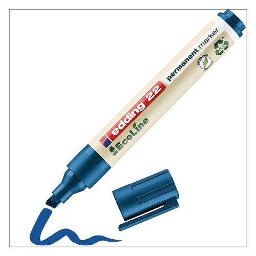 41315ED | When it comes to labelling, markings and clear, bold writing, the edding 22 EcoLine permanent marker is the right choice. It can be used to make durable markings on almost any type of surface - from photos, plastic and leather through to wood, stone and metal. An invaluable helper for day-to-day tasks, it belongs in any kitchen, study or workshop. This sustainable permanent marker features a robust, medium chisel nib and is ideal for organisational tasks as well as artistic creativity. Whether it's labelling preserving jars or hangers for a better-organised home, painting canvas shoes and flower pots in bright colours, or marking surfaces in a home workshop, the edding 22 makes a long-lasting impression. At least 90% of the plastic parts are made from recycled material, of which 83% is sourced from post-consumer plastics (such as used yoghurt pots); refillable in the colours black, red, blue and green with the refill inks edding MTK 25, edding T 25, edding T 100 and edding T 1000. Replacement nibs are available separately. A carbon-neutral product according to ClimatePartner, ID 13742-1910-1001. The permanent marker is filled with vivid, low-odour ink which looks simply amazing and adheres to practically any surface. The cap can be repositioned on the end of the barrel; high quality branded product. Made in Germany.