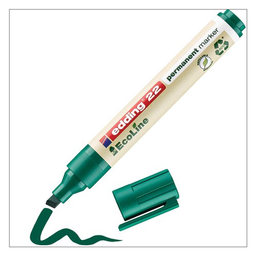41322ED | When it comes to labelling, markings and clear, bold writing, the edding 22 EcoLine permanent marker is the right choice. It can be used to make durable markings on almost any type of surface - from photos, plastic and leather through to wood, stone and metal. An invaluable helper for day-to-day tasks, it belongs in any kitchen, study or workshop. This sustainable permanent marker features a robust, medium chisel nib and is ideal for organisational tasks as well as artistic creativity. Whether it's labelling preserving jars or hangers for a better-organised home, painting canvas shoes and flower pots in bright colours, or marking surfaces in a home workshop, the edding 22 makes a long-lasting impression. At least 90% of the plastic parts are made from recycled material, of which 83% is sourced from post-consumer plastics (such as used yoghurt pots); refillable in the colours black, red, blue and green with the refill inks edding MTK 25, edding T 25, edding T 100 and edding T 1000. Replacement nibs are available separately. A carbon-neutral product according to ClimatePartner, ID 13742-1910-1001. The permanent marker is filled with vivid, low-odour ink which looks simply amazing and adheres to practically any surface. The cap can be repositioned on the end of the barrel; high quality branded product. Made in Germany.