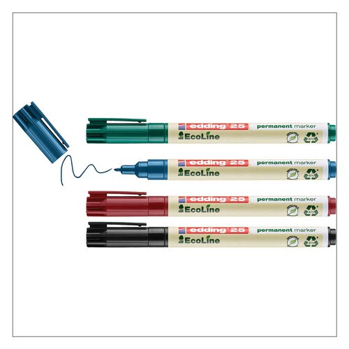 edding 25 EcoLine Permanent Marker Bullet Tip 1mm Line Assorted Colours (Pack 4) - 4-25-4 Permanent Markers 75405ED