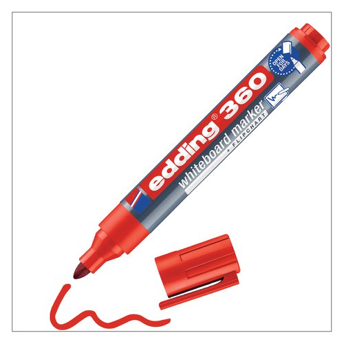 41133ED | The edding 360 whiteboard marker is a true all-rounder. Great in the office for quick task planning or for written brainstorming sessions. In schools, the marker pen helps teachers make content visual. Also handy at home for leaving quick messages. This whiteboard marker is always ready for action. The low-odour pigment ink is free from butyl acetate and can be dry wiped from almost any non-porous surface, such as enamel or melamine. The colours black, red, blue and green can be refilled using the edding BTK 25 refill ink. Replacement nibs are available. The cap can be stored on the end of the barrel. The practical clip stops it rolling away and can be attached to clothing or other items. Store horizontally. High-quality brand product. Made in Germany.