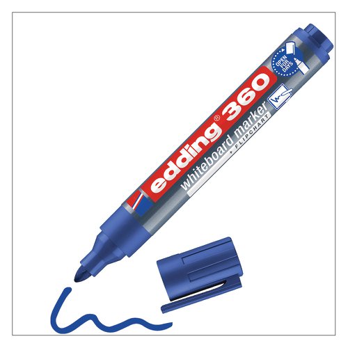 41140ED | The edding 360 whiteboard marker is a true all-rounder. Great in the office for quick task planning or for written brainstorming sessions. In schools, the marker pen helps teachers make content visual. Also handy at home for leaving quick messages. This whiteboard marker is always ready for action. The low-odour pigment ink is free from butyl acetate and can be dry wiped from almost any non-porous surface, such as enamel or melamine. The colours black, red, blue and green can be refilled using the edding BTK 25 refill ink. Replacement nibs are available. The cap can be stored on the end of the barrel. The practical clip stops it rolling away and can be attached to clothing or other items. Store horizontally. High-quality brand product. Made in Germany.