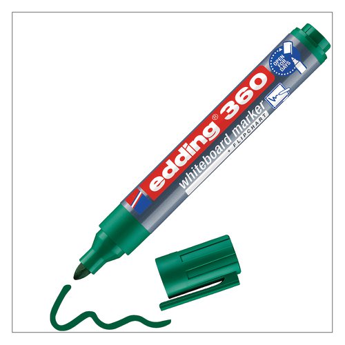 41259ED | The edding 360 whiteboard marker is a true all-rounder. Great in the office for quick task planning or for written brainstorming sessions. In schools, the marker pen helps teachers make content visual. Also handy at home for leaving quick messages. This whiteboard marker is always ready for action. The low-odour pigment ink is free from butyl acetate and can be dry wiped from almost any non-porous surface, such as enamel or melamine. The colours black, red, blue and green can be refilled using the edding BTK 25 refill ink. Replacement nibs are available. The cap can be stored on the end of the barrel. The practical clip stops it rolling away and can be attached to clothing or other items. Store horizontally. High-quality brand product. Made in Germany.
